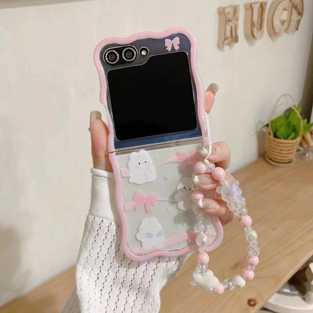 ✨Cute Crystal Cats & Bunnies 🌟 Stylish Pearl Wrist Strap Case for Samsung Galaxy Z Flip 6/5/4/3 5G 🐾💖
