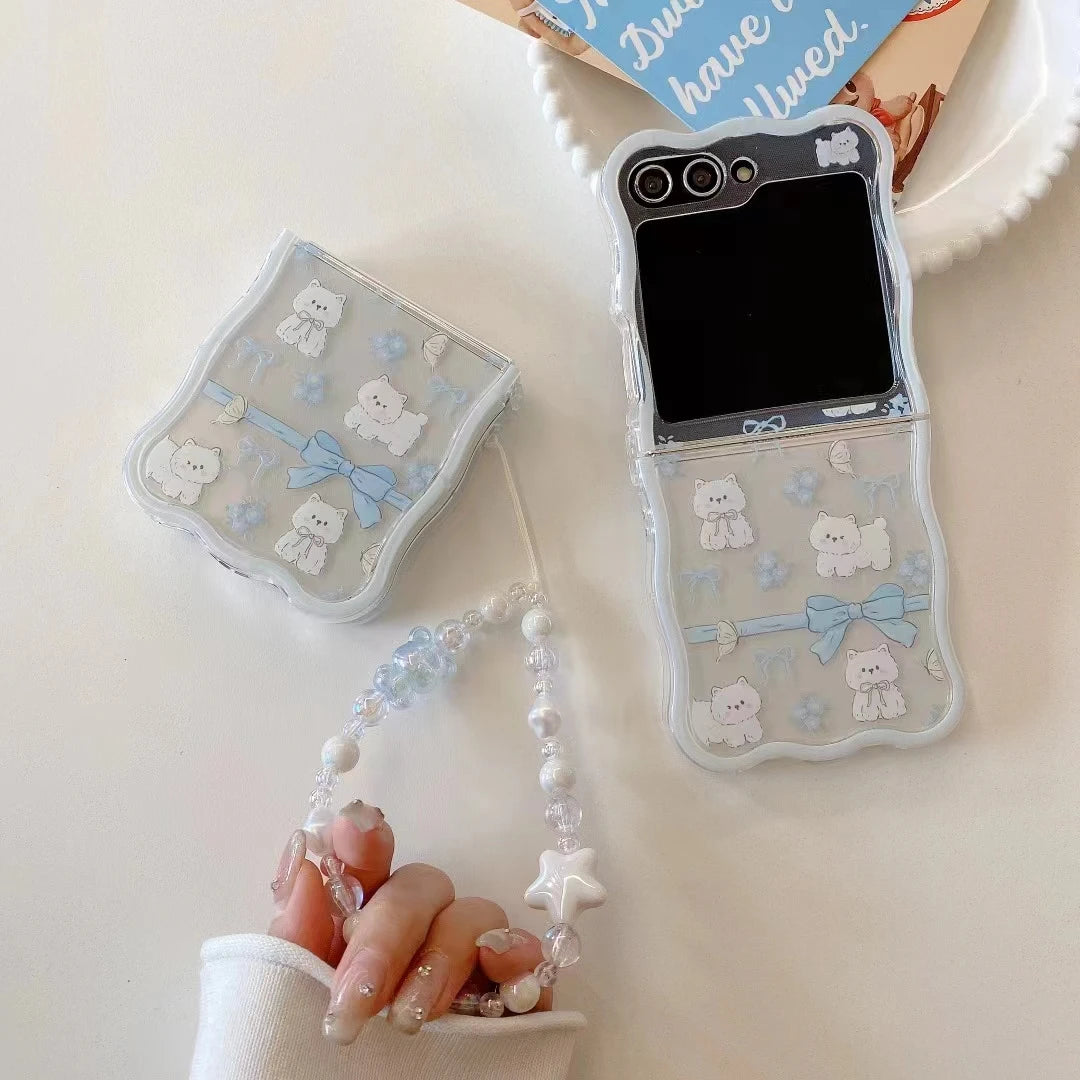✨Cute Crystal Cats & Bunnies 🌟 Stylish Pearl Wrist Strap Case for Samsung Galaxy Z Flip 6/5/4/3 5G 🐾💖