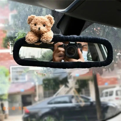 Kawaii Plush Pig & Bear Rear View Mirror Cover 🐷🐻 | Cute Elastic Car Accessory for a Whimsical Touch! 🌟✨