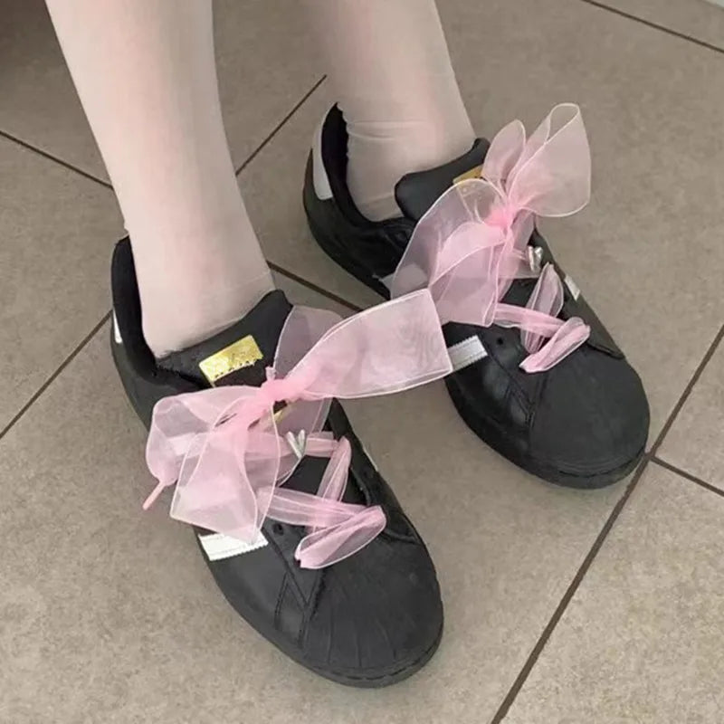 Wide 4cm Transparent Chiffon Silk Flat Shoelaces With Big Bow 👟🎀