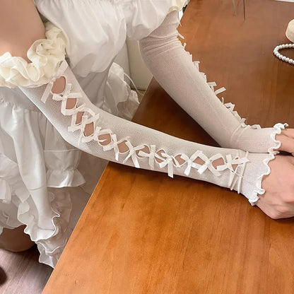 Princess Lolita Lace Long Fingerless Gloves With Bow For Cosplay 💖🌸🧤