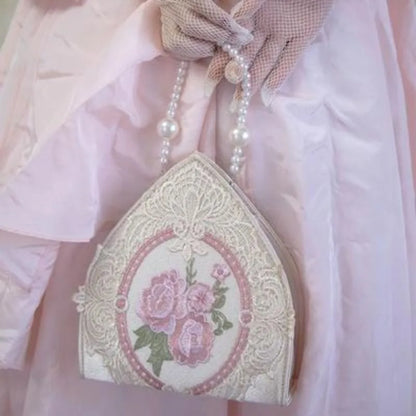 Kawaii Floral Lace Handbag 🌸✨ Cute Y2K Top-Handle Bag with Pearl Chain for Fairy Girls 💖 Fashionable Soft Bucket Purse for Women