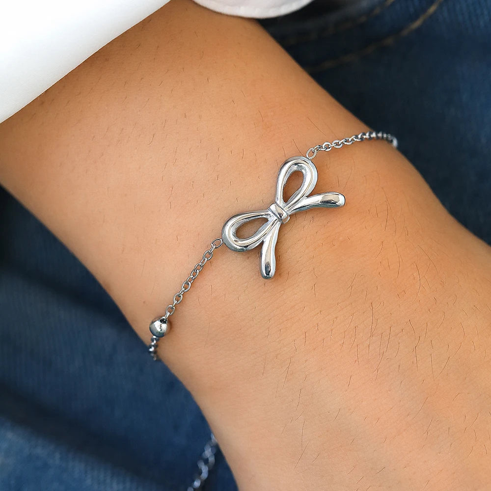 Kawaii Heart Bow Stainless Steel Bracelet 💖✨ Cute & Trendy Jewelry for Everyday Wear 🎀