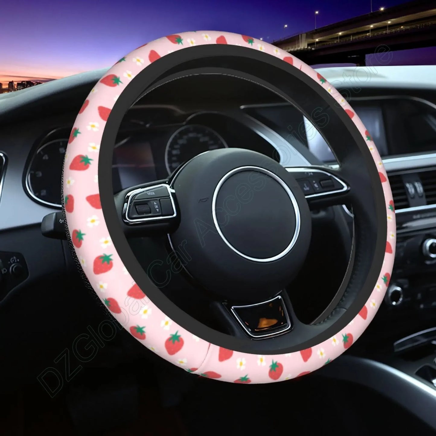 Kawaii Strawberry Flowers Steering Wheel Cover 🌸🍓 | Anti-Slip Elastic Car Accessory 🌈 | Universal Fit 15" Protector 🛡️