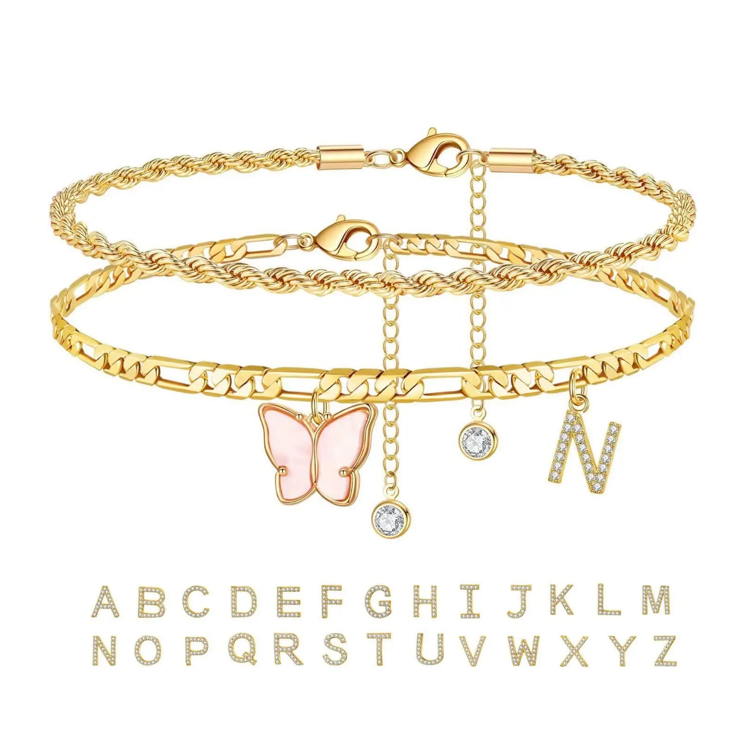 Kawaii 2Pcs Stainless Steel Initial Anklet Set 🌼✨ | 26 Letter Acrylic Butterfly Charm Foot Jewelry 🦋💖