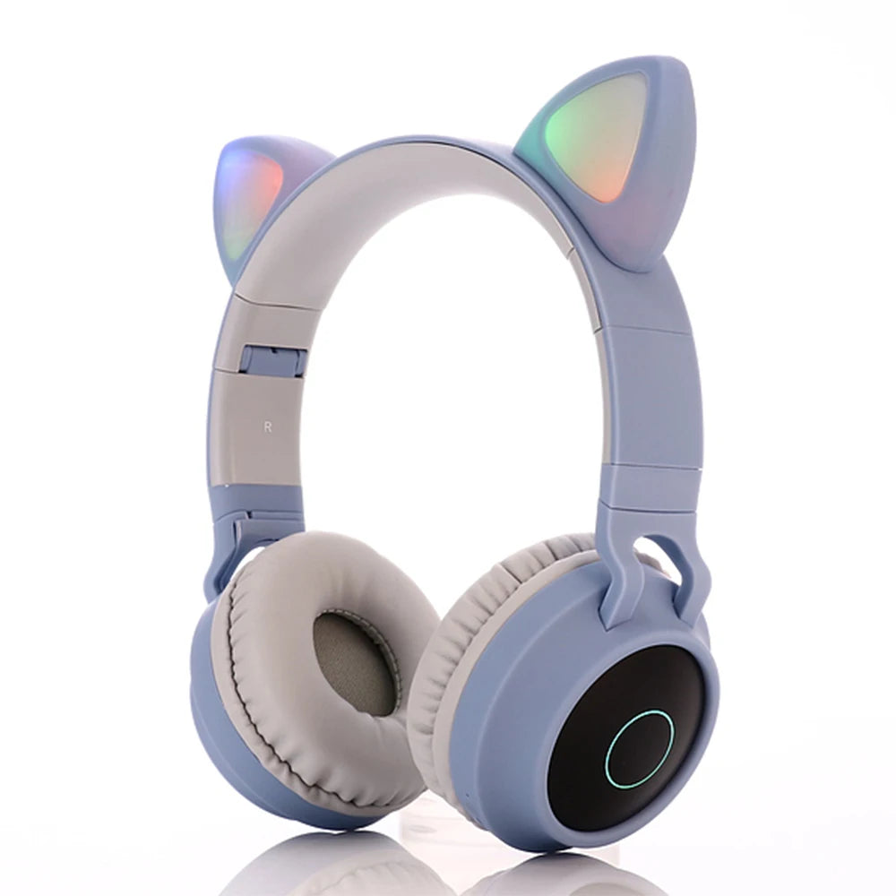 ✨ Kawaii Cat Ear Bluetooth Headphones 🎶 - Adorable LED Music Headset for Girls 💖 - Supports TF Card & FM Radio! 🌈