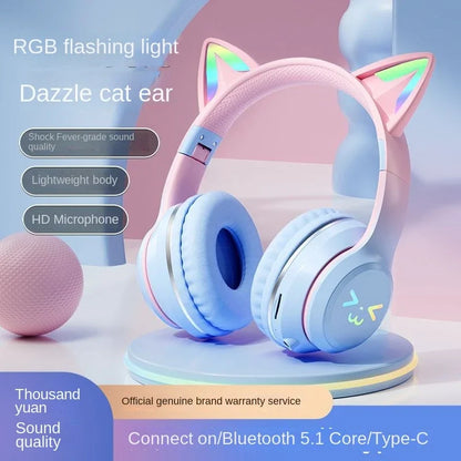 Kawaii Cat Ear Wireless Headphones 🐾🎧 RGB Lights & Microphone - Perfect Gift for Kids & Gamers! 🌟