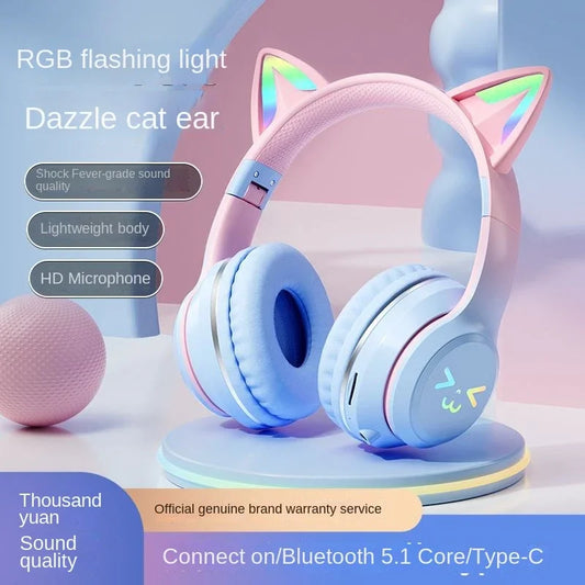 Kawaii Cat Ear Wireless Headphones 🐾🎧 RGB Lights & Microphone - Perfect Gift for Kids & Gamers! 🌟