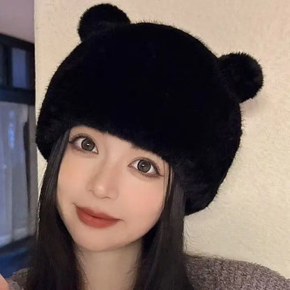 Cute Kawaii Black Bear Ears Plush Rabbit Fur Hat 🐻❄️ | Cozy Knitted Cap for Winter Fun!