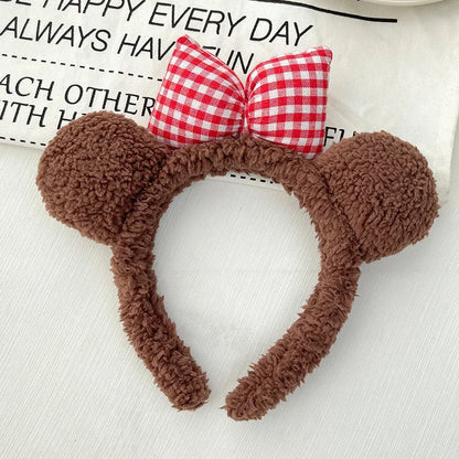 Kawaii Bear Ear Headband 🐻✨ | Cute Bowknot Hairband for Winter | Plush Cartoon Face Wash Hair Hoop for Girls 🎀