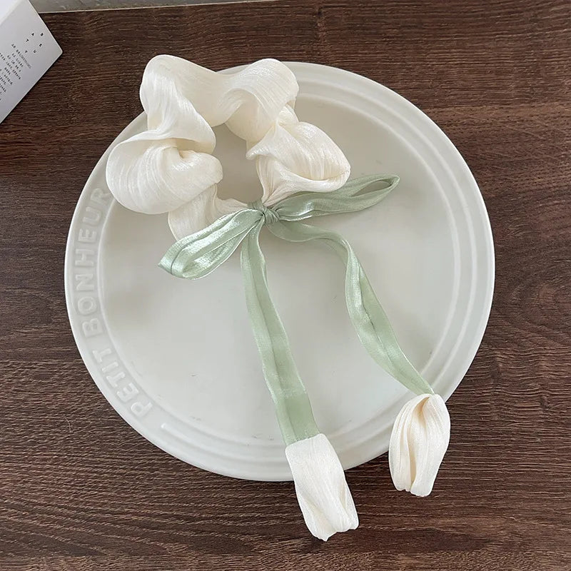 Charming Tulip Bow Scrunchies 🌸✨ Cute Hair Ties for Stylish Girls! 🎀💖 - Pixie Quill