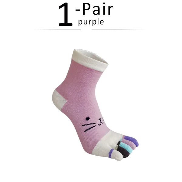 Kawaii Cat Cartoon Five Finger Socks 🐾🎨 | Soft & Colorful Women's Toe Socks for All Seasons 🌈✨