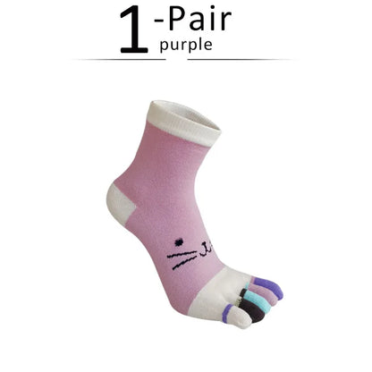 Kawaii Cat Cartoon Five Finger Socks 🐾🎨 | Soft & Colorful Women's Toe Socks for All Seasons 🌈✨