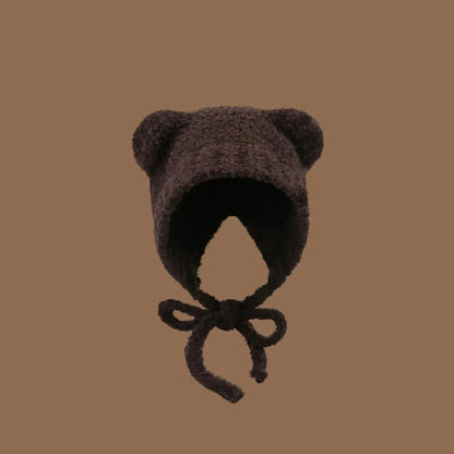 Kawaii Bear Ear Knitted Wool Hat 🐻❄️ | Cozy Winter Bomber Cap with Lace-Up Design for Warmth!