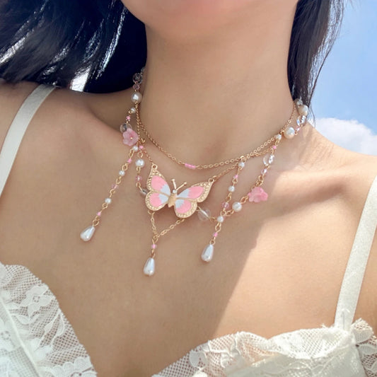Kawaii Dreamy Butterfly Pearl Choker Necklace 🦋✨ | Trendy Multilayer Crystal Jewelry for Women 2024