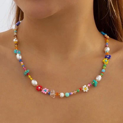 Kawaii Rainbow Baroque Pearl Choker 🌈✨ | Handmade Seed Bead Floral Necklace for Trendy Women 🌸💖