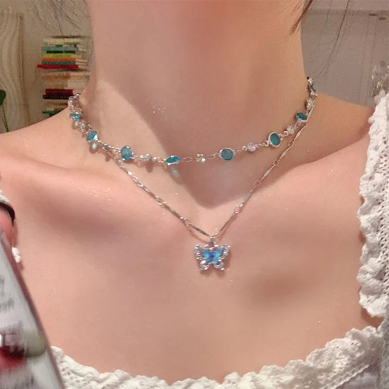 Kawaii Sparkling Blue Butterfly Choker Necklace 🦋✨ | Cute Zircon Pendant for Girls & Women | Perfect Gift for Any Occasion!