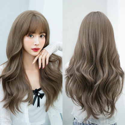 Kawaii Dreamy Sakura Pink Wavy Wig 🌸✨ | High-Density Curly Hair with Bangs for Sweet Girls 💖🎀