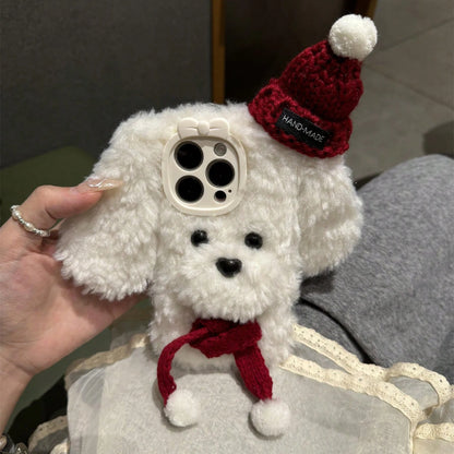 Kawaii Plush Puppy Hat & Scarf Phone Case for iPhone 16 Pro Max 🐶✨ Cute & Cozy Cell Phone Accessory!