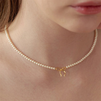 Kawaii Beaded Bow Pendant Necklace 🌟💕 - Adorable True Gold Color Tie Knot Charm for Every Occasion!