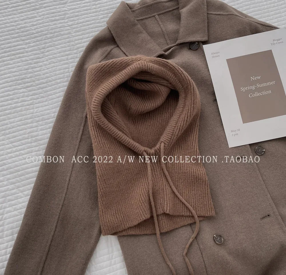 Knit Hooded Balaclava Beanie For Women Warm Winter Korean Style Drawstring 🐰