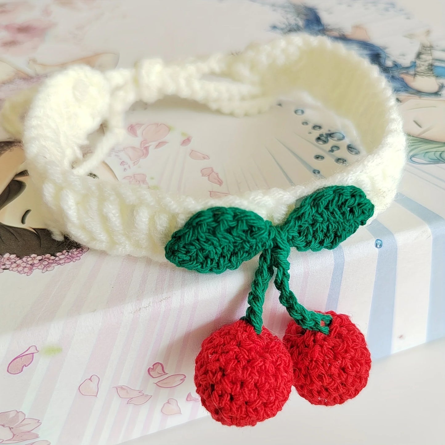 🌸 Adorable Cherry Charm Cat Collar 🌟 Handmade Knitted Cutie for Your Feline Friend 🐾✨
