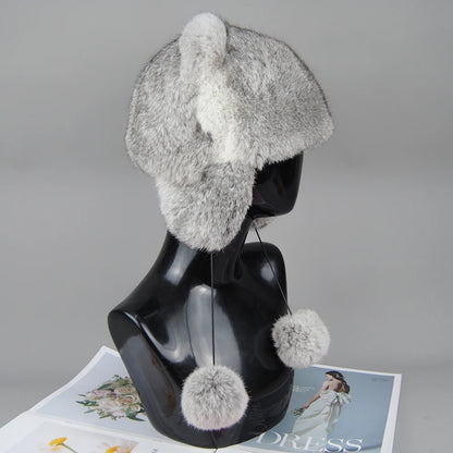 Lux Real Rabbit Fur Bomber Hat for Women with Pom Pom Warm Winter Cap ❄️🐰