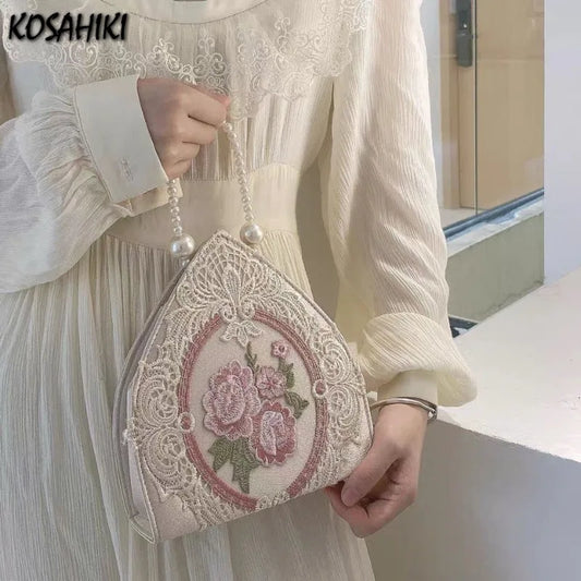 Kawaii Floral Lace Handbag 🌸✨ Cute Y2K Top-Handle Bag with Pearl Chain for Fairy Girls 💖 Fashionable Soft Bucket Purse for Women