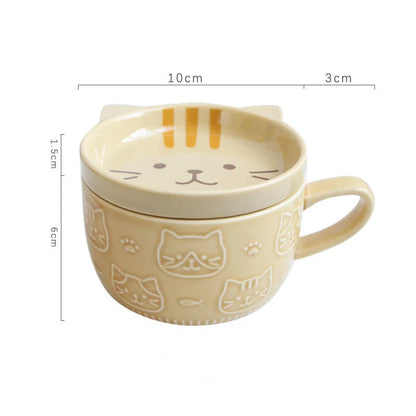 Kawaii Cat Coffee Mug ☕️🐱 - Cute Ceramic Cup with Lid for Breakfast & Milk! 🌸💕