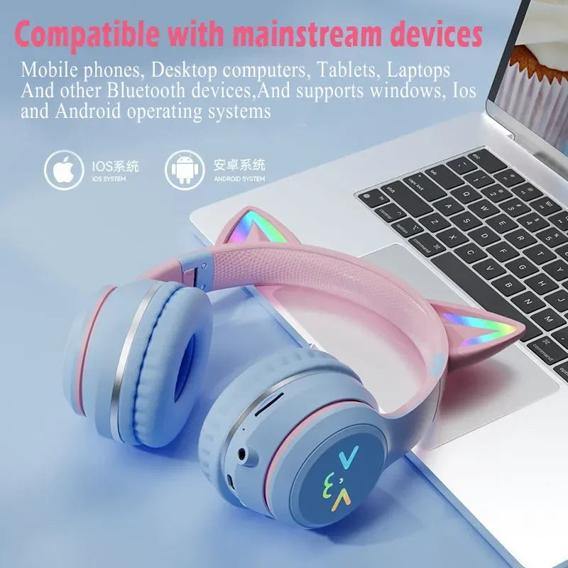 Kawaii Cat Ear Wireless Headphones 🐾🎧 RGB Lights & Microphone - Perfect Gift for Kids & Gamers! 🌟
