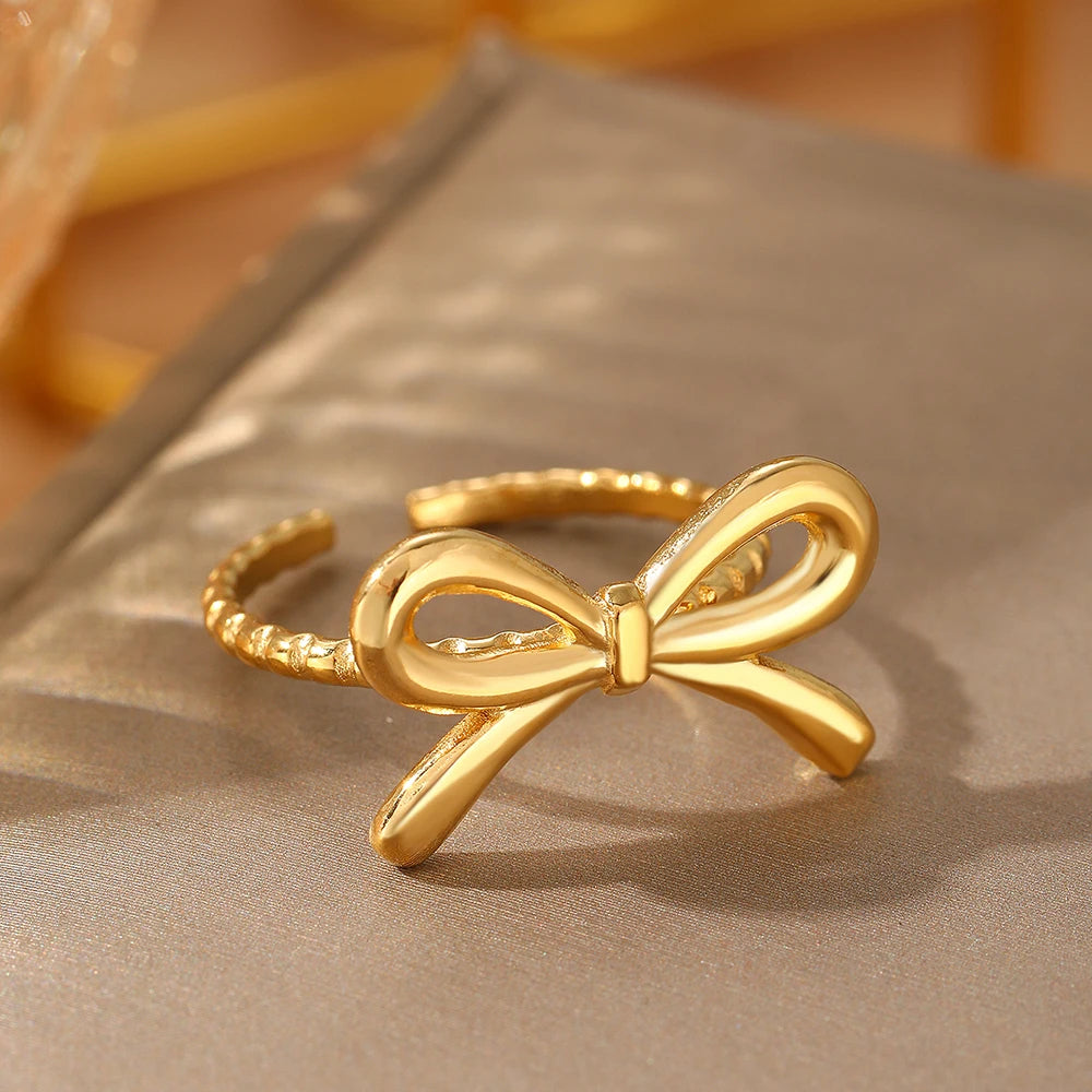 Kawaii Stainless Steel Bow Tie Ring 🌟✨ Adjustable & Chic Jewelry for Women 💖 Perfect Gift for Special Occasions! 🎁