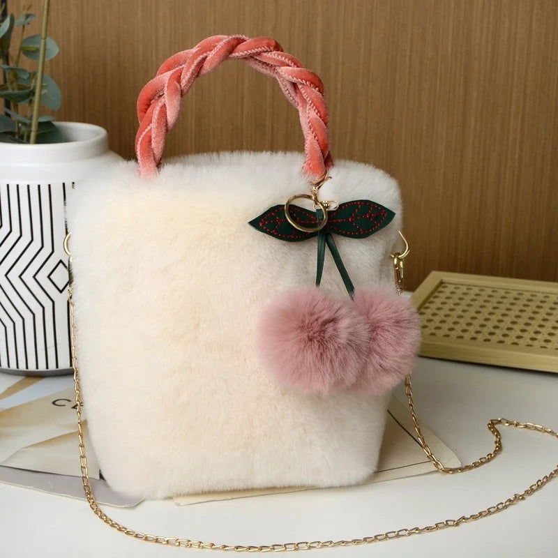 Kawaii Plush Faux Fur Crossbody Bag 🐾✨ with Pompom Cherry & Fluffy String 💖 - Cute Small Purse for Girls!
