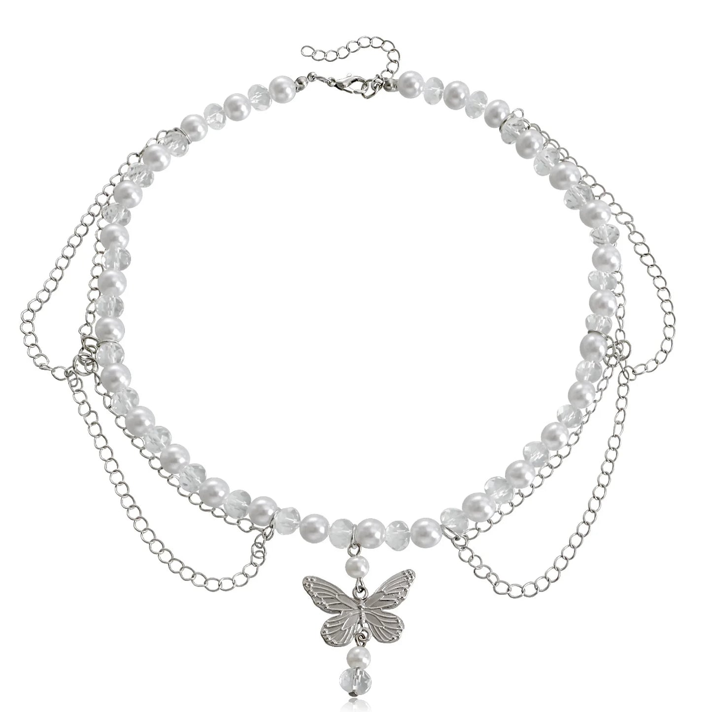 Kawaii Butterfly Pearl Tassel Necklace 🌸✨ | Double Layer High Gloss Design for Women 💖