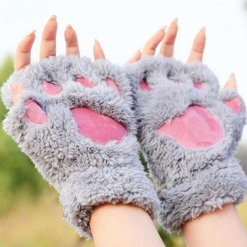 Kawaii Cat Paw Half Finger Gloves 🐾❄️ Cozy & Cute Fluffy Design!