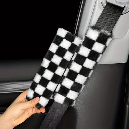 Kawaii Chessboard Grid Seat Belt Covers 🎉🐻 2pcs Cute Cartoon Shoulder Pads for Cozy Car Vibes 🚗✨