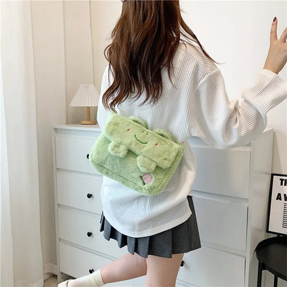 Kawaii Plush Frog Messenger Bag 🐸✨ - Cute Cartoon Shoulder Bag for Girls!