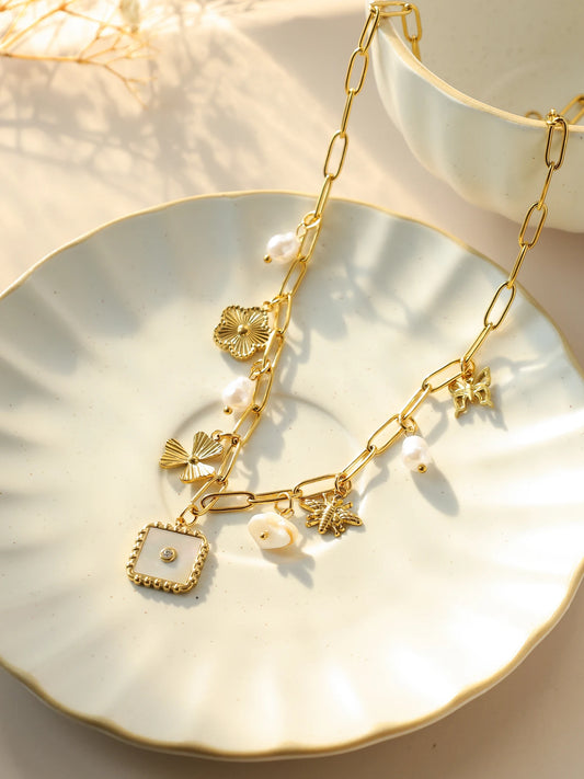 Pearl Necklace With Golden Bee Pendant And Mother Of Pearl Flower Butterfly Charm In Stainless Steel For Women Gift 🐝🦋