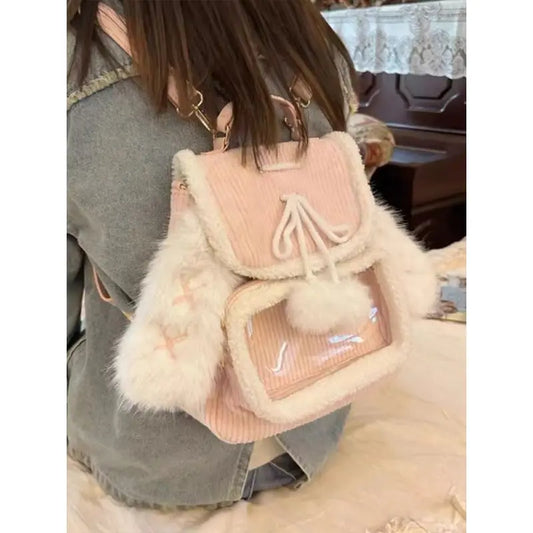 Kawaii Pink Bunny Ear Backpack 🐰✨ Cute Corduroy Ita Bag for Women – Adorable Plush Aesthetic! 🌸🎒