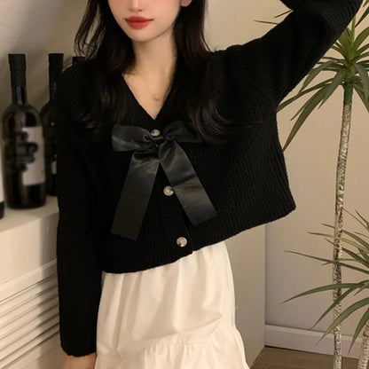 Kawaii Bow V-Neck Cardigan Sweater 🌸✨ | Cozy Long Sleeve Top for Sweet Style 🍭💖