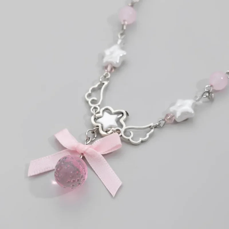 Kawaii Pink Strawberry Bowknot Choker 🍓✨ - Vintage Pentagram Pendant Necklace for Trendy Rave Girls
