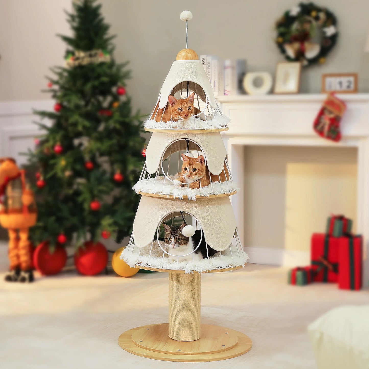 Christmas Cat Tree Tower With 4 Tiers, Wood Post, 3 Condos, Replaceable Mat 🐾🎄