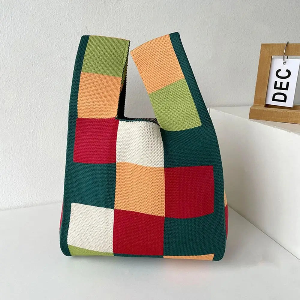 Kawaii Knitted Mini Tote Bag 👜✨ | Cute Plaid Handbag for Women | Stylish & Versatile Reusable Shopping Bag 🌈💖