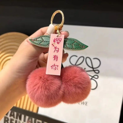 Fluffy Rex Rabbit Fur Ball Pompom Leaf Keychain Cherry Charm 🐰🍒✨
