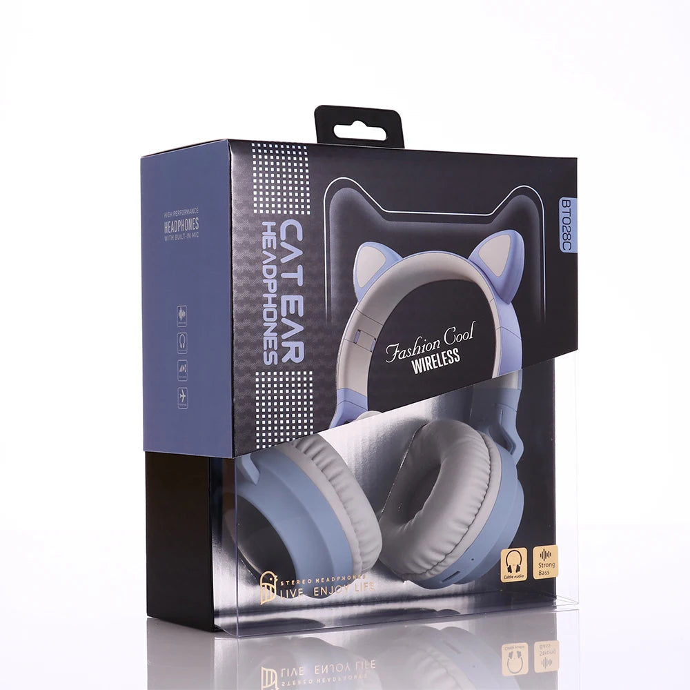 ✨ Kawaii Cat Ear Bluetooth Headphones 🎶 - Adorable LED Music Headset for Girls 💖 - Supports TF Card & FM Radio! 🌈