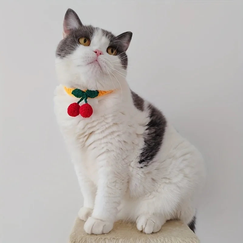🌸 Adorable Cherry Charm Cat Collar 🌟 Handmade Knitted Cutie for Your Feline Friend 🐾✨