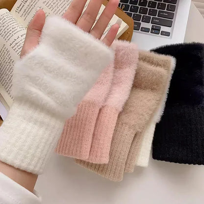 Cozy Plush Knit Fingerless Gloves For Women Warm White Wrist Mittens ❄️