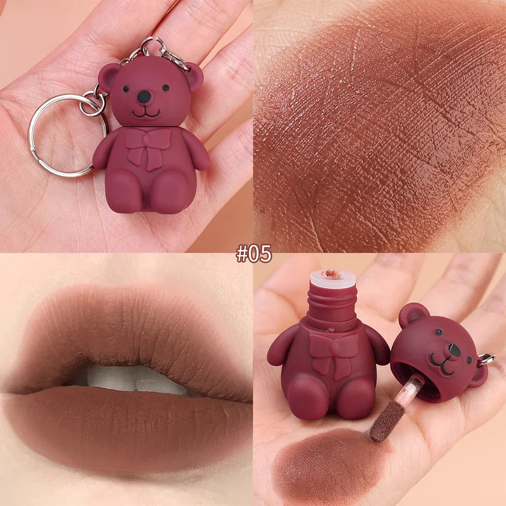 Water Light Mirror Lip Glaze Waterproof Long Lasting Cute Bear Keychain Lip Gloss Silky Smooth Liquid Lipstick Women Lip Makeup