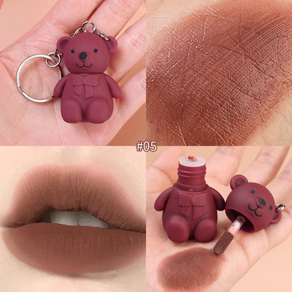 Water Light Mirror Lip Glaze Waterproof Long Lasting Cute Bear Keychain Lip Gloss Silky Smooth Liquid Lipstick Women Lip Makeup