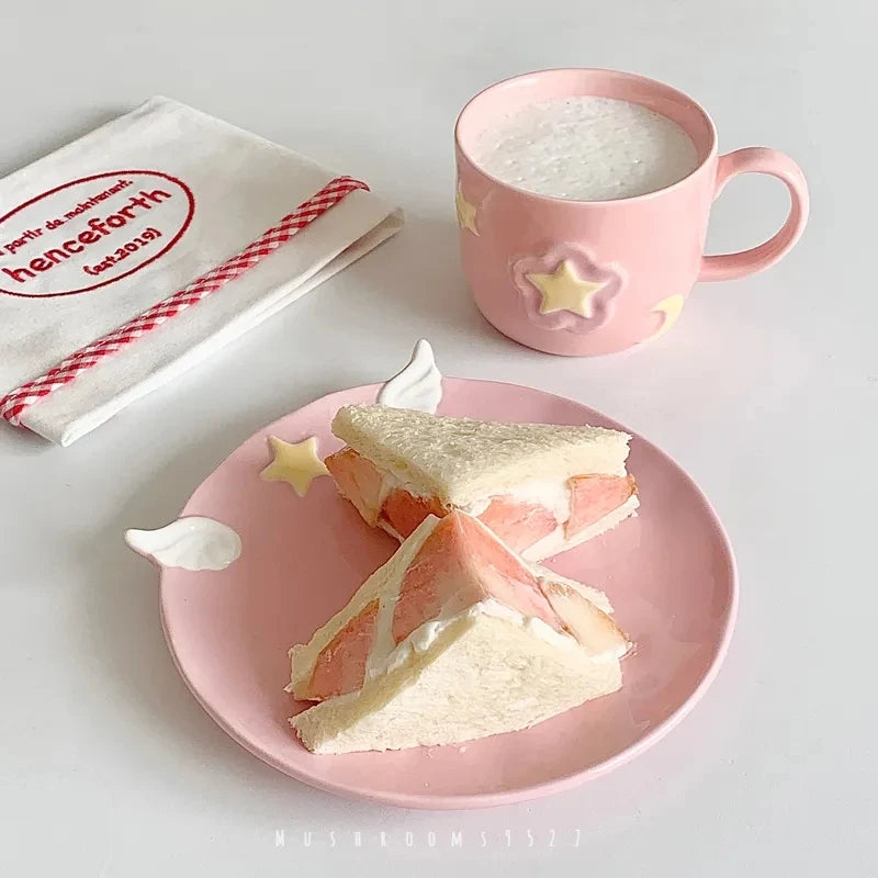 Pink Winged Tea Set ☕🌸 - 3D Star Mug & Saucer with Spoon ✨