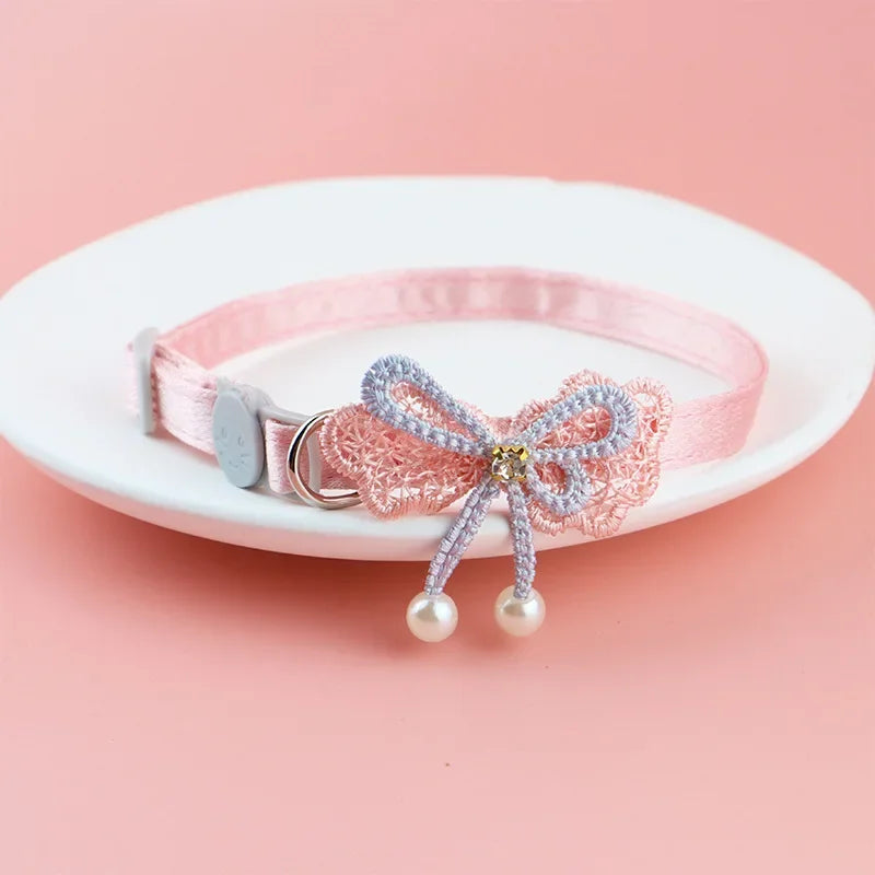 ✨ Cute Pink Lace Bow & Bead Cat Choker with Bell 🐾 Perfect Pet Accessory! 💖